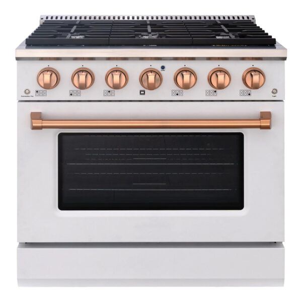 36" Slide-in Freestanding Professional Style Gas Range with 5.2 Cu. Ft. Oven, 6 Burners, Convection Fan, Cast Iron Grates. White & Copper