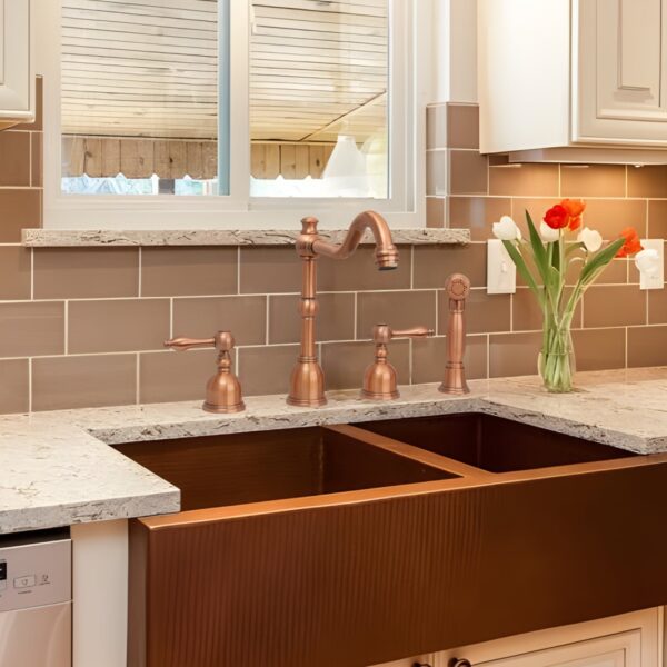 Two-Handles Copper Widespread Kitchen Faucet with Side Sprayer - IK96818C - Image 2