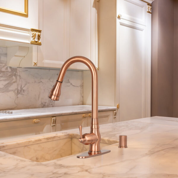 Copper Kitchen Faucet with Soap Dispenser, Single Handle Solid Brass High Arc Pull Down Sprayer Head Kitchen Sink Faucets with Deck Plate - Image 2