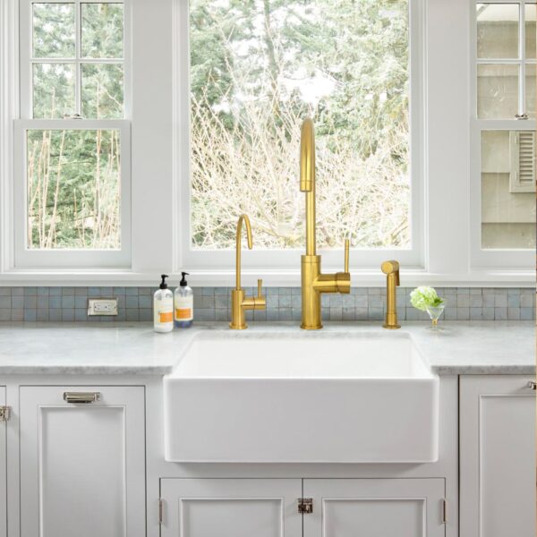 One-Handle Brushed Gold Widespread Kitchen Faucet with Side Sprayer-IK96966-BTG - Image 2