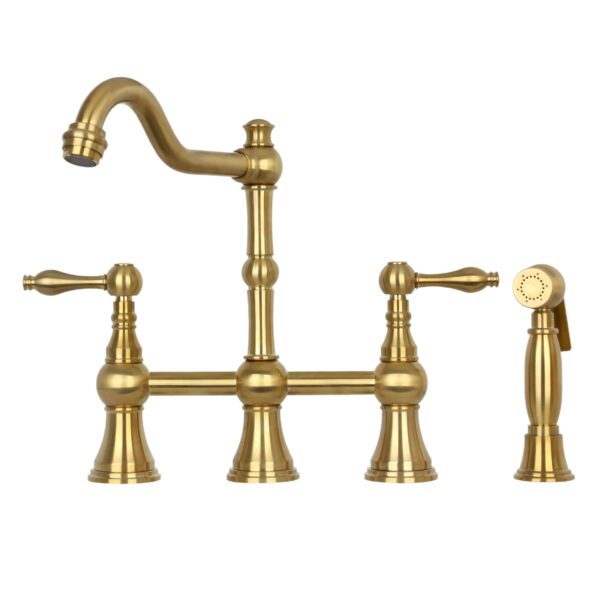 Two-Handles Brushed Gold Bridge Kitchen Faucet with Side Sprayer - IK96718BTG