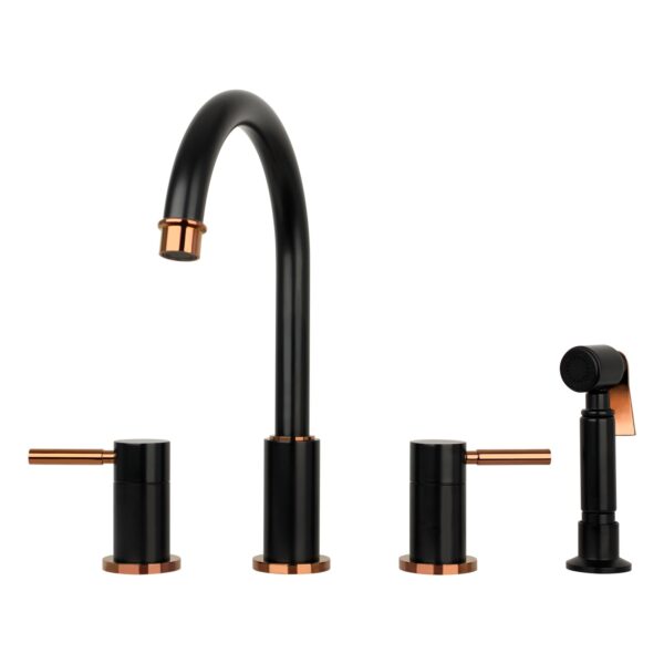 Two-Handles Matte Black & Rose Gold Widespread Kitchen Faucet with Side Sprayer - IK96866-BLRG