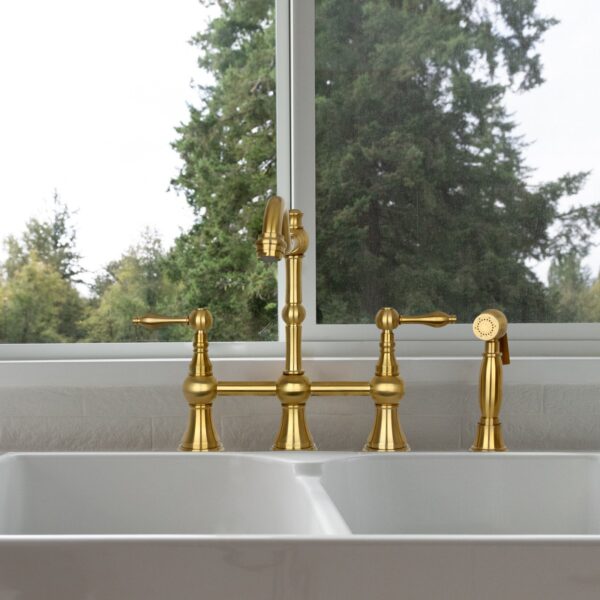 Two-Handles Brushed Gold Bridge Kitchen Faucet with Side Sprayer - IK96718BTG - Image 2