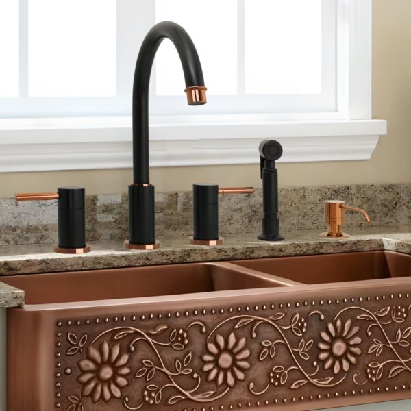 Two-Handles Matte Black & Rose Gold Widespread Kitchen Faucet with Side Sprayer - IK96866-BLRG - Image 2