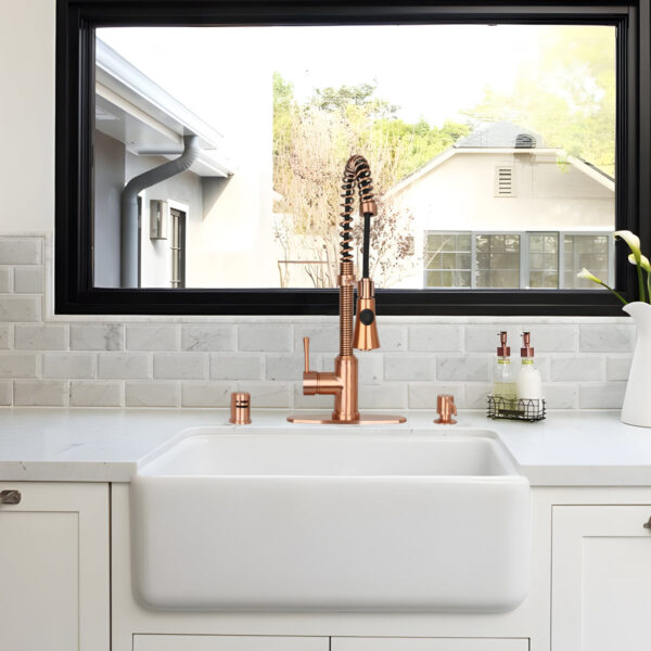 Copper Kitchen Faucet with Soap Dispenser, Single Handle Solid Brass High Arc Pull Down Sprayer Head Kitchen Sink Faucets with Deck Plate - Image 2