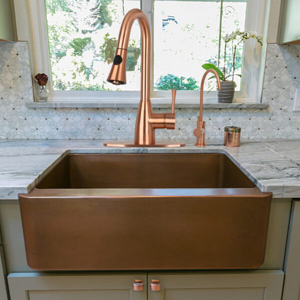 Copper Kitchen Faucet with Soap Dispenser, Single Handle Solid Brass High Arc Pull Down Sprayer Head Kitchen Sink Faucets with Deck Plate - Image 2