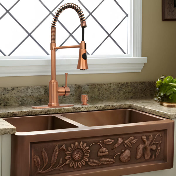 Copper Kitchen Faucet with Soap Dispenser, Single Handle Solid Brass High Arc Pull Down Sprayer Head Kitchen Sink Faucets with Deck Plate - Image 2