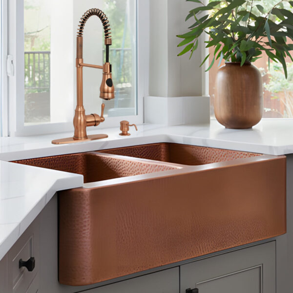 Copper Kitchen Faucet with Soap Dispenser, Single Handle Solid Brass High Arc Pull Down Sprayer Head Kitchen Sink Faucets with Deck Plate - Image 2