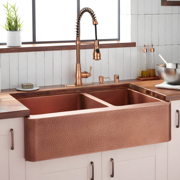Copper Kitchen Faucet with Soap Dispenser, Single Handle Solid Brass High Arc Pull Down Sprayer Head Kitchen Sink Faucets with Deck Plate - Image 2