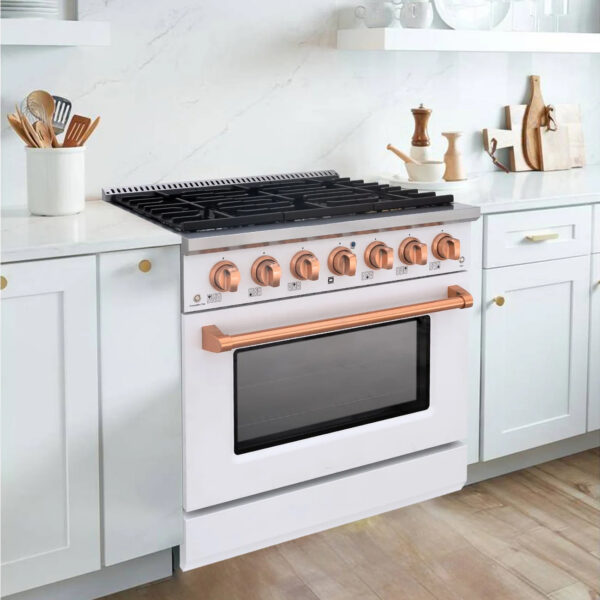 36" Slide-in Freestanding Professional Style Gas Range with 5.2 Cu. Ft. Oven, 6 Burners, Convection Fan, Cast Iron Grates. White & Copper - Image 2