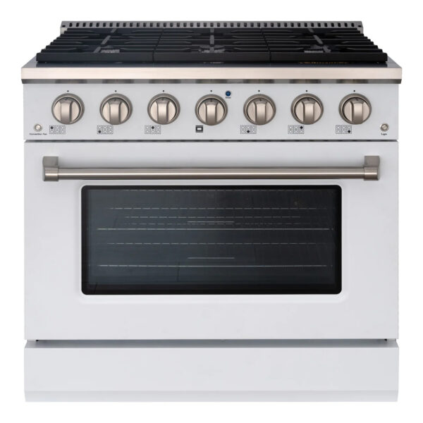 36" Slide-in Freestanding Professional Style Gas Range with 5.2 Cu. Ft. Oven, 6 Burners, Convection Fan, Cast Iron Grates. White & Stainless Steel