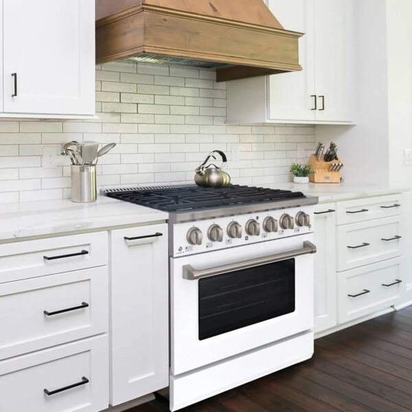 36" Slide-in Freestanding Professional Style Gas Range with 5.2 Cu. Ft. Oven, 6 Burners, Convection Fan, Cast Iron Grates. White & Stainless Steel - Image 2