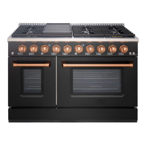48" Slide-in Freestanding Professional Style Gas Range with 6.7 Cu. Ft. Oven, 8 Burners, Convection Fan, Cast Iron Grates. Black & Copper for Janice