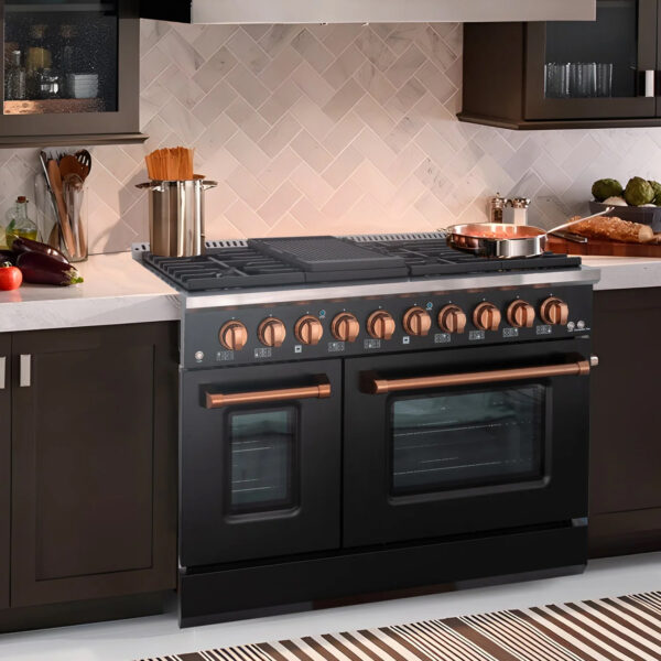 48" Slide-in Freestanding Professional Style Gas Range with 6.7 Cu. Ft. Oven, 8 Burners, Convection Fan, Cast Iron Grates. Black & Copper for Janice - Image 2