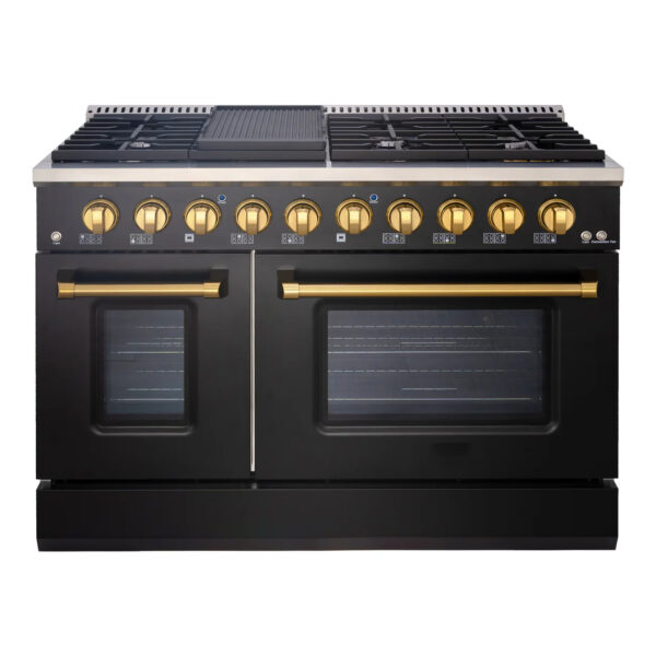 48" Slide-in Freestanding Professional Style Gas Range with 6.7 Cu. Ft. Oven, 8 Burners, Convection Fan, Cast Iron Grates. Black & Gold