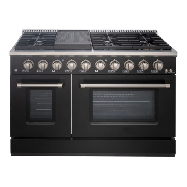 48" Slide-in Freestanding Professional Style Gas Range with 6.7 Cu. Ft. Oven, 8 Burners, Convection Fan, Cast Iron Grates. Black & Stainless Steel