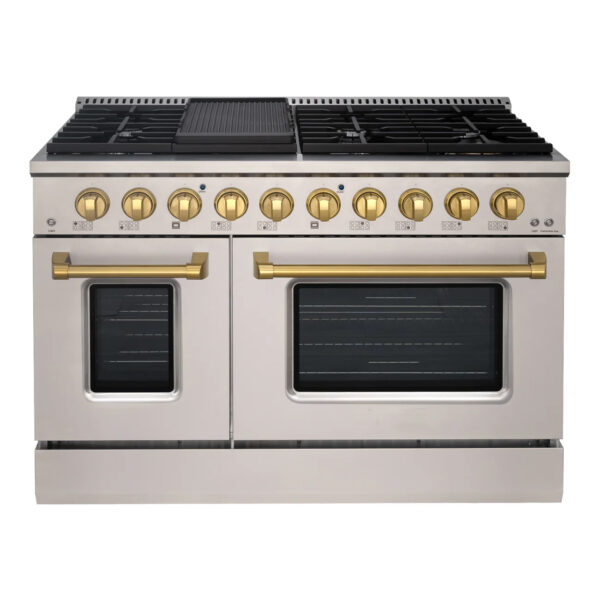 48" Slide-in Freestanding Professional Style Gas Range with 6.7 Cu. Ft. Oven, 8 Burners, Convection Fan, Cast Iron Grates. Stainless Steel & Gold