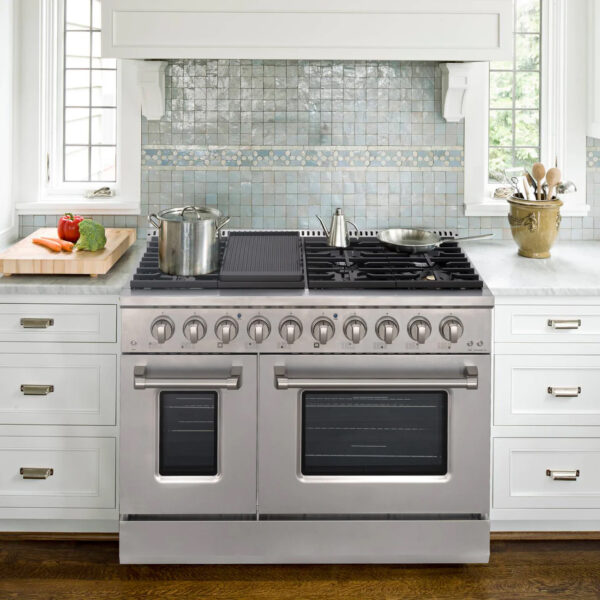 48" Slide-in Freestanding Professional Style Gas Range with 6.7 Cu. Ft. Oven, 8 Burners, Convection Fan, Cast Iron Grates. Stainless Steel - Image 2