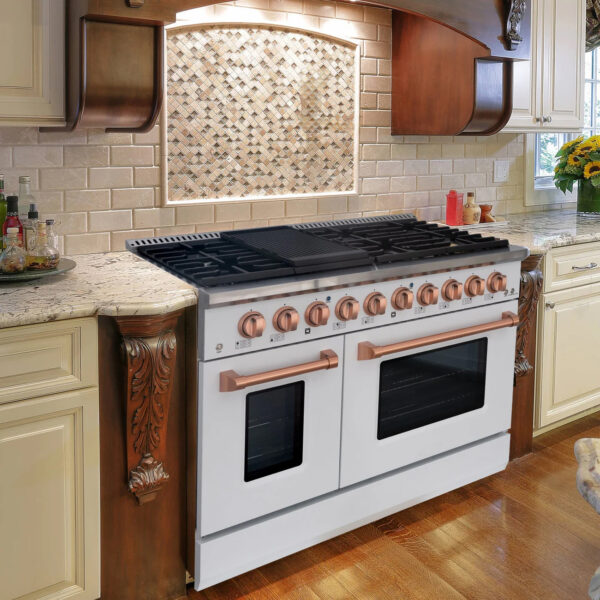 48" Slide-in Freestanding Professional Style Gas Range with 6.7 Cu. Ft. Oven, 8 Burners, Convection Fan, Cast Iron Grates. White & Copper - Image 2