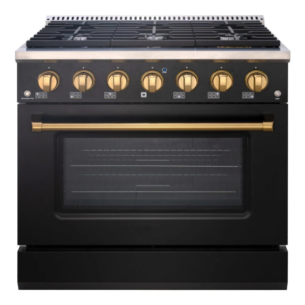 36" Slide-in Freestanding Professional Style Gas Range with 5.2 Cu. Ft. Oven, 6 Burners, Convection Fan, Cast Iron Grates. Black & Gold