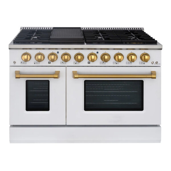 48" Slide-in Freestanding Professional Style Gas Range with 6.7 Cu. Ft. Oven, 8 Burners, Convection Fan, Cast Iron Grates. White & Gold