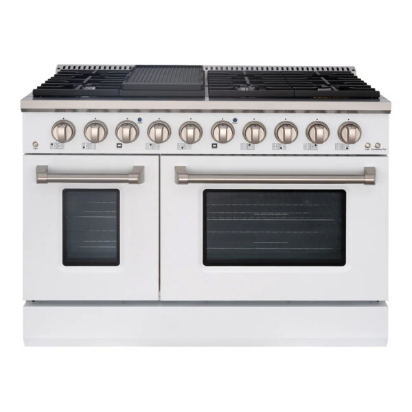48" Slide-in Freestanding Professional Style Gas Range with 6.7 Cu. Ft. Oven, 8 Burners, Convection Fan, Cast Iron Grates. White & Stainless Steel