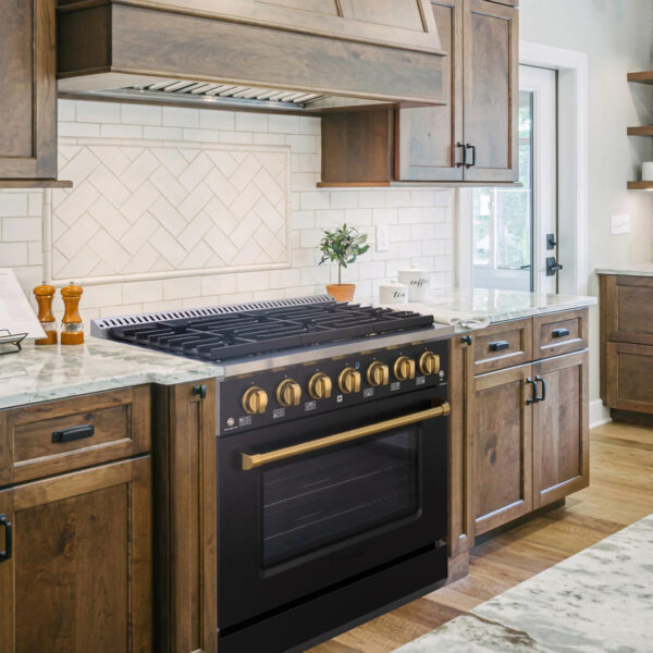 36" Slide-in Freestanding Professional Style Gas Range with 5.2 Cu. Ft. Oven, 6 Burners, Convection Fan, Cast Iron Grates. Black & Gold - Image 2