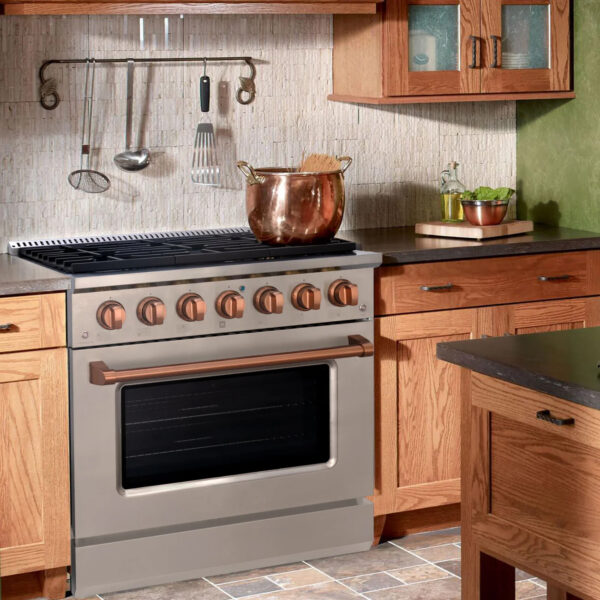 36" Slide-in Freestanding Professional Style Gas Range with 5.2 Cu. Ft. Oven, 6 Burners, Convection Fan, Cast Iron Grates. Stainless Steel & Copper - Image 2