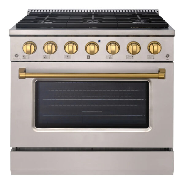 36" Slide-in Freestanding Professional Style Gas Range with 5.2 Cu. Ft. Oven, 6 Burners, Convection Fan, Cast Iron Grates. Stainless Steel & Gold