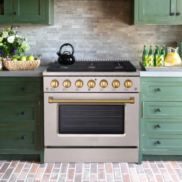 36" Slide-in Freestanding Professional Style Gas Range with 5.2 Cu. Ft. Oven, 6 Burners, Convection Fan, Cast Iron Grates. Stainless Steel & Gold - Image 2