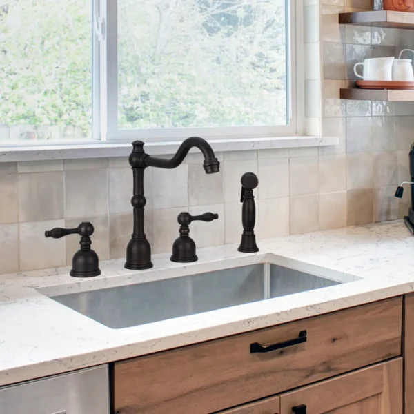 Two-Handles Oil Rubbed Bronze Widespread Kitchen Faucet with Side Sprayer - IK96818-ORB - Image 2
