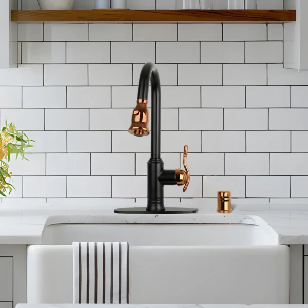Two-Tone Matte Black & Rose Gold Pull Out Kitchen Faucet with Deck Plate, Single Level Solid Brass Kitchen Sink Faucets with Pull Down Sprayer -PDF29 - Image 2