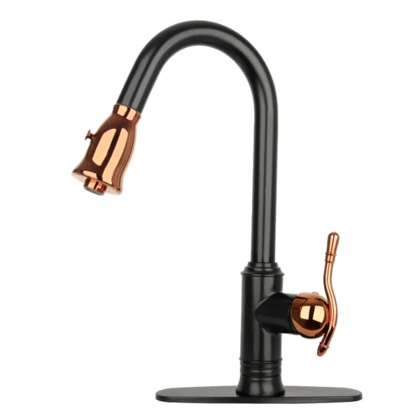 Two-Tone Matte Black & Rose Gold Pull Out Kitchen Faucet with Deck Plate, Single Level Solid Brass Kitchen Sink Faucets with Pull Down Sprayer -PDF29
