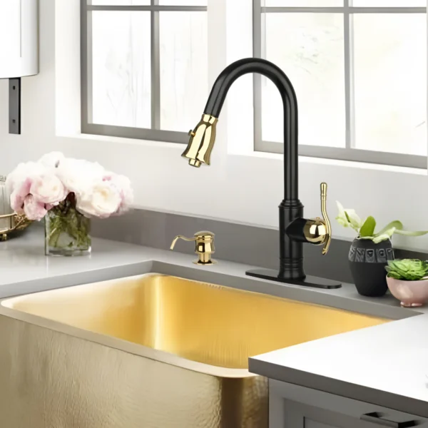 Two-Tone Matte Black & Gold Pull Out Kitchen Faucet with Deck Plate, Single Level Solid Brass Kitchen Sink Faucets with Pull Down Sprayer-PDF26 - Image 2