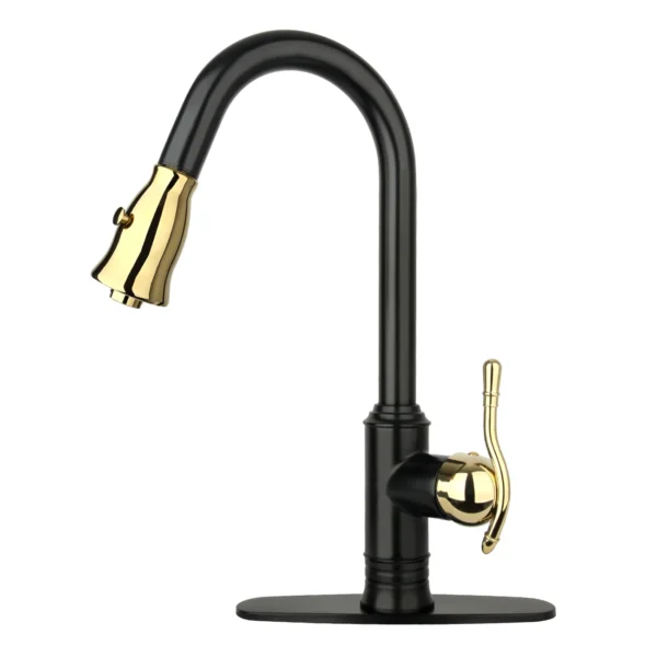 Two-Tone Matte Black & Gold Pull Out Kitchen Faucet with Deck Plate, Single Level Solid Brass Kitchen Sink Faucets with Pull Down Sprayer-PDF26