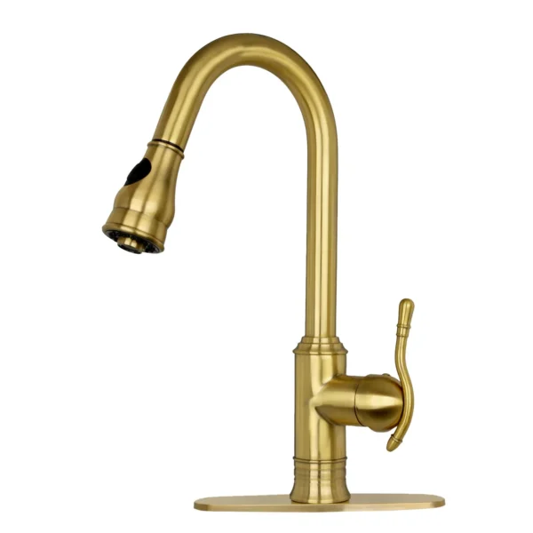 Brushed Gold Pull Out Kitchen Faucet, Single Level Solid Brass Kitchen Sink Faucets with Pull Down Sprayer - PDF47