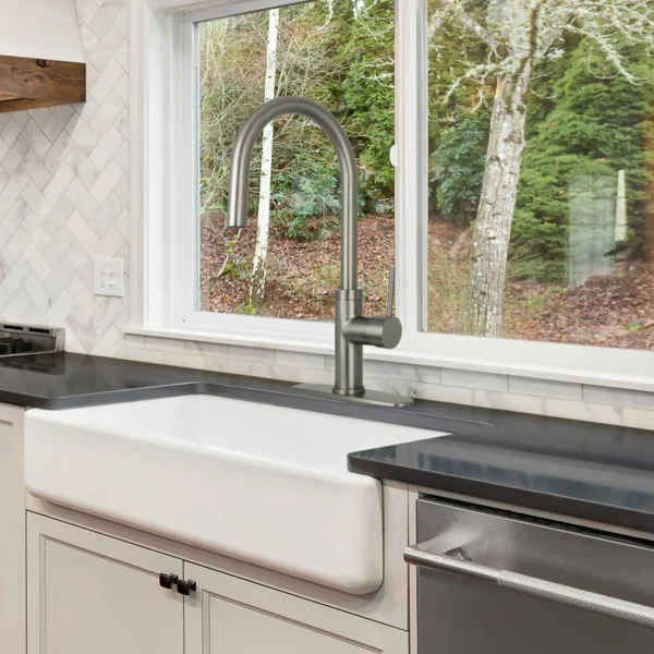 Gun Black Pull Out Kitchen Faucet with Deck Plate, Single Level Solid Brass Kitchen Sink Faucets with Pull Down Sprayer-PDF42 - Image 2