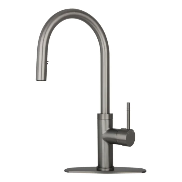 Gun Black Pull Out Kitchen Faucet with Deck Plate, Single Level Solid Brass Kitchen Sink Faucets with Pull Down Sprayer-PDF42