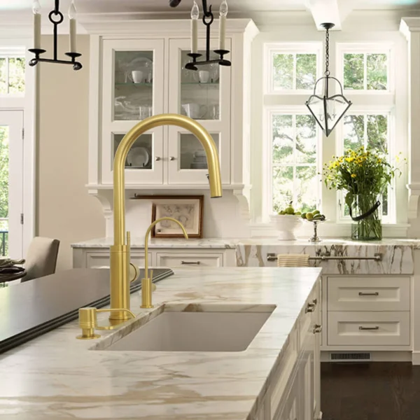 Brushed Gold Pull Out Kitchen Faucet, Single Level Solid Brass Kitchen Sink Faucets with Pull Down Sprayer - PDF48 - Image 2