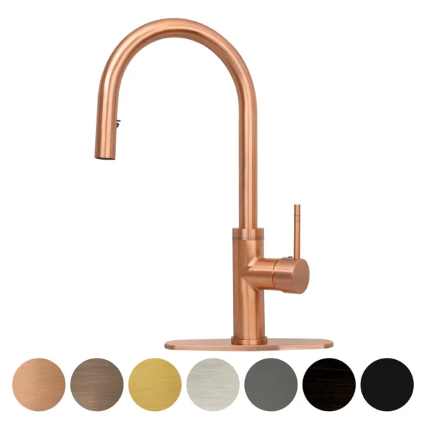 Copper Pull Out Kitchen Faucet with Deck Plate, Single Level Solid Brass Kitchen Sink Faucets with Pull Down Sprayer - PDF08