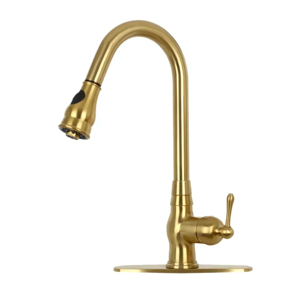 Pull Out Kitchen Faucet with Deck Plate, Single Level Solid Brass Kitchen Sink Faucets with Pull Down Sprayer-PDF44
