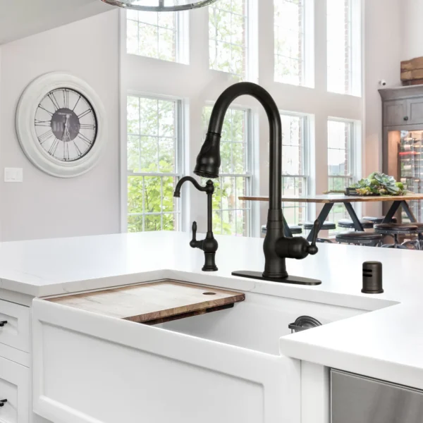 Pull Out Kitchen Faucet with Deck Plate, Single Level Solid Brass Kitchen Sink Faucets with Pull Down Sprayer-PDF38 - Image 2