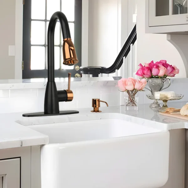 Two-Tone Matte Black & Rose Gold Pull Out Kitchen Faucet with Deck Plate, Single Level Solid Brass Kitchen Sink Faucets with Pull Down Sprayer-PDF28 - Image 2