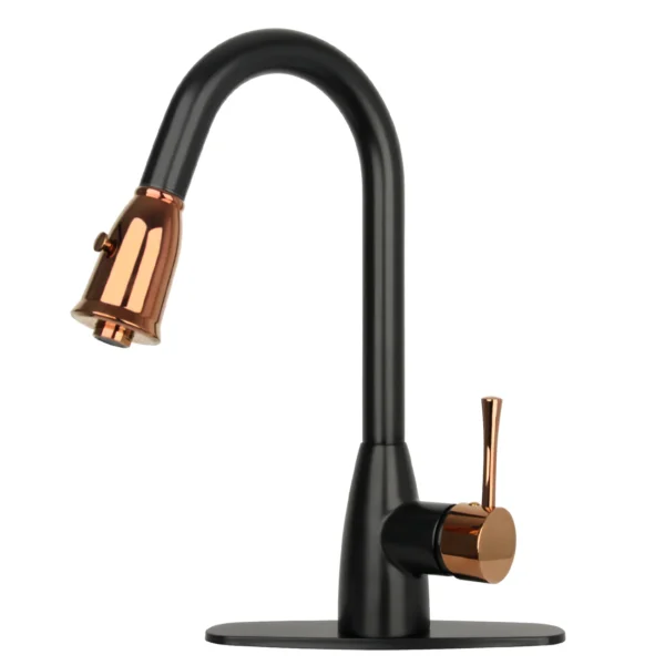 Two-Tone Matte Black & Rose Gold Pull Out Kitchen Faucet with Deck Plate, Single Level Solid Brass Kitchen Sink Faucets with Pull Down Sprayer-PDF28
