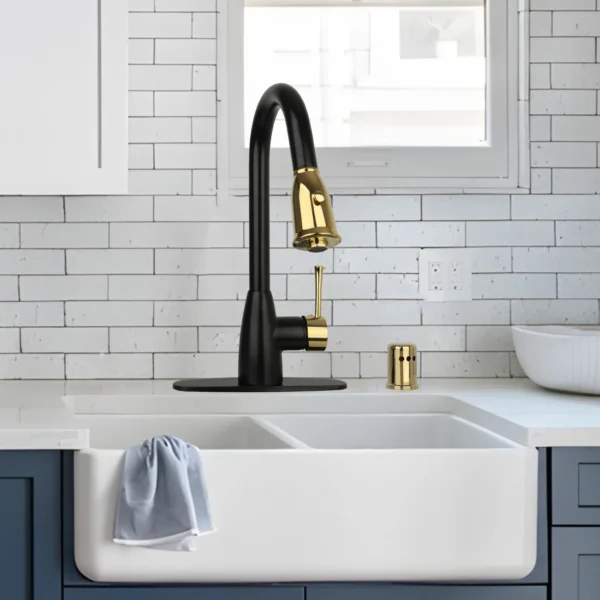 Two-Tone Matte Black & Gold Pull Out Kitchen Faucet with Deck Plate, Single Level Solid Brass Kitchen Sink Faucets with Pull Down Sprayer-PDF27 - Image 2