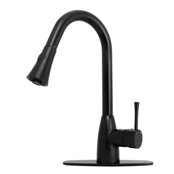 Matte Black Pull Out Kitchen Faucet with Deck Plate, Single Level Solid Brass Kitchen Sink Faucets with Pull Down Sprayer -PDF31