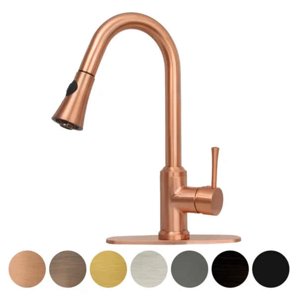 Copper Pull Out Kitchen Faucet with Deck Plate, Single Level Solid Brass Kitchen Sink Faucets with Pull Down Sprayer - PDF07