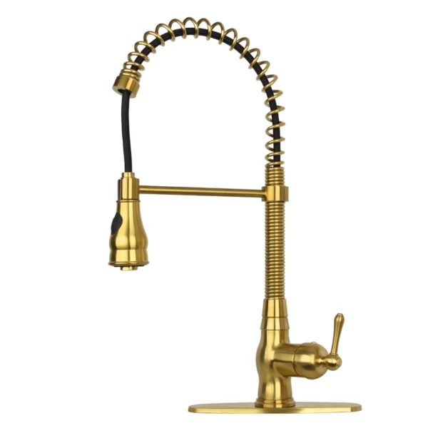 Brushed Gold Pre-Rinse Spring Kitchen Faucet, Single Level Solid Brass Kitchen Sink Faucets with Pull Down Sprayer - PDF49
