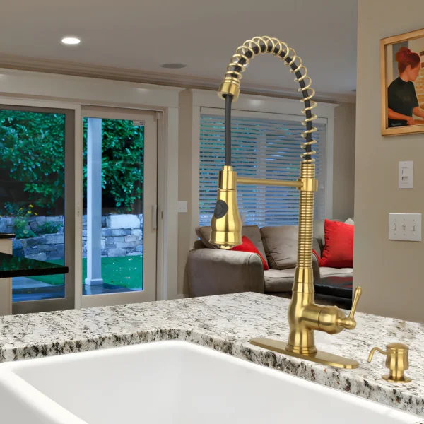Brushed Gold Pre-Rinse Spring Kitchen Faucet, Single Level Solid Brass Kitchen Sink Faucets with Pull Down Sprayer - PDF49 - Image 2