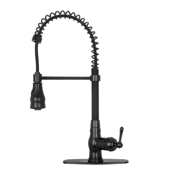 Matte Black Pull Out Kitchen Faucet with Deck Plate, Single Level Solid Brass Kitchen Sink Faucets with Pull Down Sprayer-PDF34